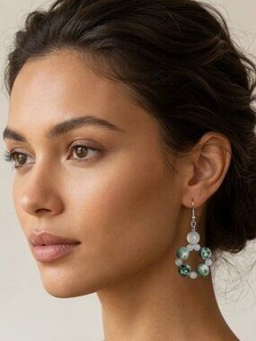 Green Spotted Jade and Agate Pierced Earrings